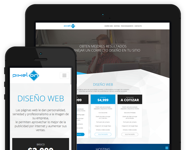 Sitio web de Pixelon visualizado en escritorio, tablet y teléfono móvil